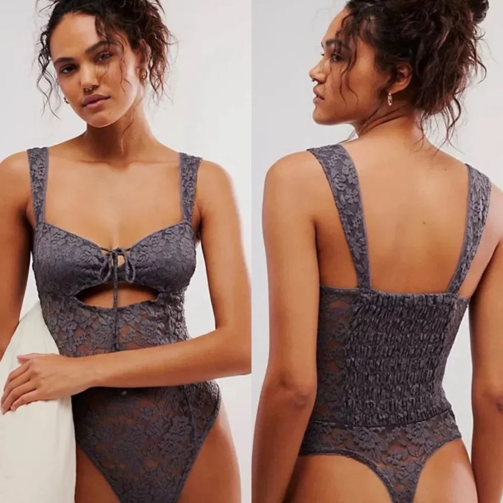 NWT Free People Strike A Pose Lace Thong Bodysuit Volcanic Glass Gray Size Small - Picture 1 of 9